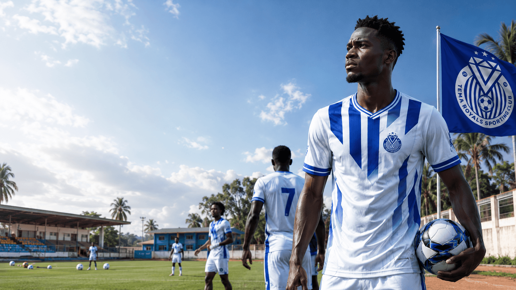 Tema Royals players in blue and white kit on the training pitch